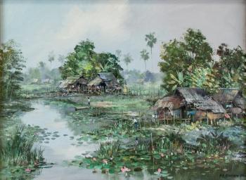 A landscape and river scene by 
																			Nikit Kampan