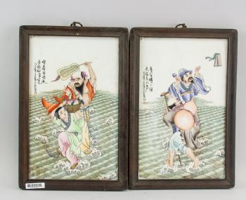 A pair of Chinese Famille Rose porcelain plaques by 
																			 Wang Qi