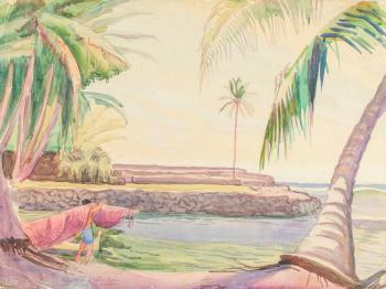 The Honolulu beach scene on front, verso with thumbnail composition by 
																			Robert Lee Eskridge