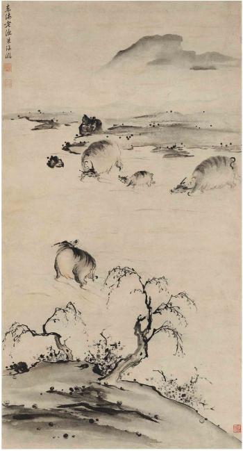 Buffalos In River by 
																	 Zhu Lunhan