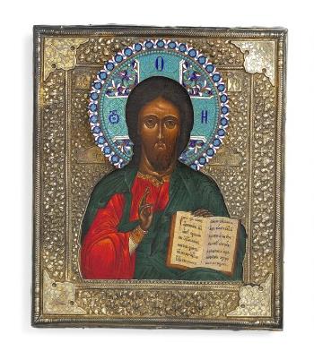 A Russian icon depicting the blessing Christ Pantokrator holding an open book by 
																	Syemyen Yegornov