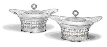 A pair of Russian silver bowls and covers with diamondcut crystal liners by 
																	Anton Iwersen