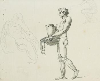 Study sheet depicting a male youth carrying an urn and two studies of the male figure by 
																	Nicolai Abraham Abildgaard