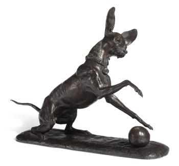 A French Bronze Model Of A Dog With A Ball, 'Petit' by 
																	Henri Geoffroy de la Ruille