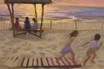 Painting of children playing on the beach at sunset by 
																			Andrew Macara