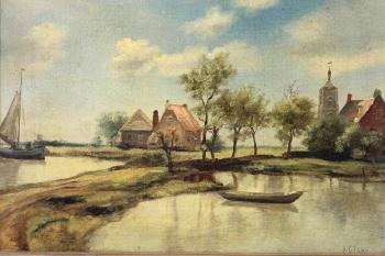 Dutch countryside landscape with docked boats figures by 
																			C Frisch