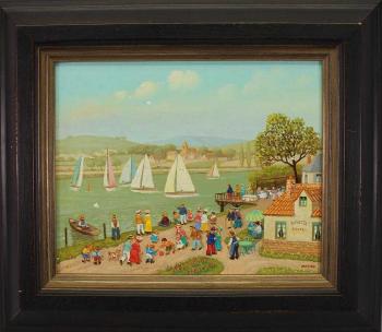 Painting of a sailing scene with figures watching near the shore by 
																			Jean Axatard