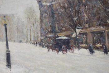 Winter street scene with figures by 
																			Paul Cornoyer