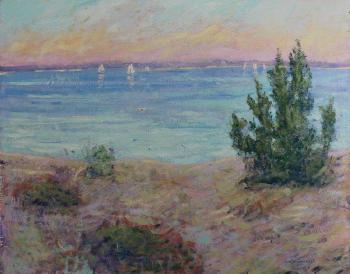 Double sided painting, one side is a coastal scene with sailboats, the other side a garden scene by 
																			John Crimmins