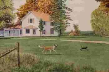 Rural Landscape with dogs playing near a path by 
																			Alfred Juergens