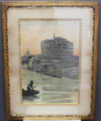 European school, a man fishing in a boat, architecture in the background by 
																			 Lamberti