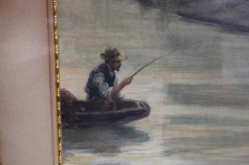 European school, a man fishing in a boat, architecture in the background by 
																			 Lamberti