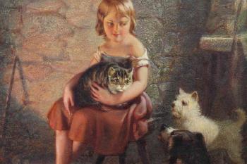 Kitty's pets,painting of a young girl playing in an interior setting with her pets by 
																			Benjamin Franklin Reinhart