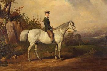 Painting of a boy on a dappled gray by 
																			Joseph Dunn of Worcester