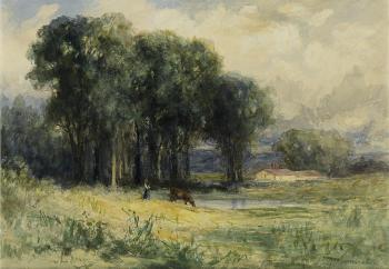 Landscape With Cow And Female Figure by 
																	Edward M Bannister