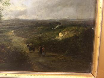 Landscape with an oak tree and travellers on a path with a cow by 
																			Patrick Nasmyth
