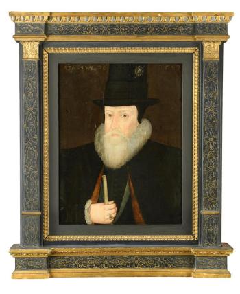 Portrait of William Cecil, 1st Baron Burghley, KG, PC (1520-1598), half length, in black, with a cameo brooch of Queen Elizabeth in a gemset frame on his hat, holding the White Rod of the Lord High Treasurer and wearing the Garter Ribbon by 
																			 Anglo-Flemish School