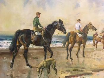 Thoroughbreds exercising on a beach with a greyhound  by 
																			Michael Lyne