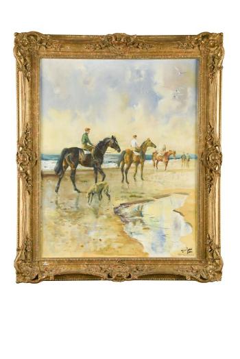 Thoroughbreds exercising on a beach with a greyhound  by 
																			Michael Lyne