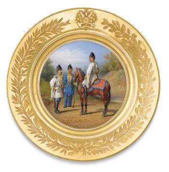 His Majesty's Own Convoy, Muslim Unit: A porcelain military plate by 
																	Piotr Ivanovich Balashov