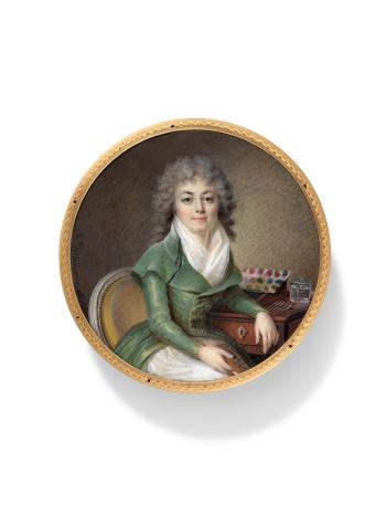 A Self-portrait Of The Artist In Green Dress, Seated Next To Her Paint Box by 
																	Marie Therese Noireserre