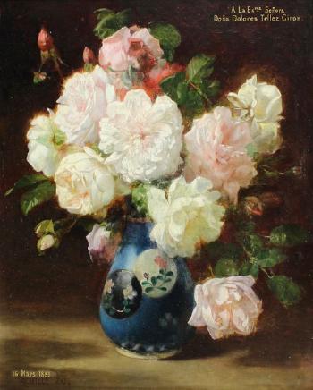 Bouquet de fleurs dans un vase bleu by 
																	Achille Zo