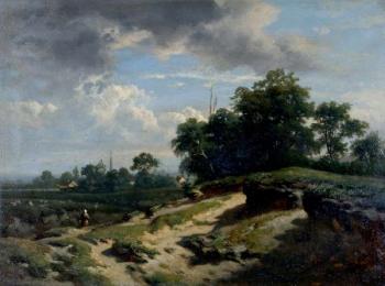 Woman in a Dutch dune landscape near a flock of sheep and a small village. 
 by 
																			Carlos de Haes