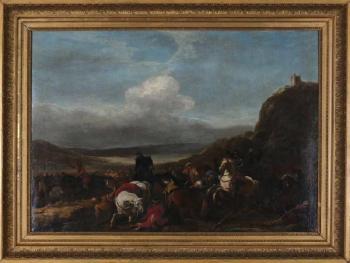 Battle scene with cavalry in a mountainous Landscape by 
																			Aniello Falcone