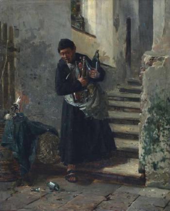 Monk carrying bottles of wine by 
																			Hugo Kotschenreiter