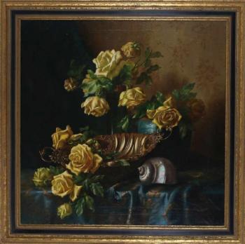 Still life with yellow roses and a conch by 
																			Edward van Ryswyck