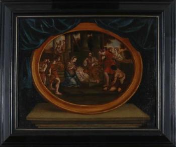 Trompe l'oeuil of a painting of the Adoration of the shepherds on a stone ledge by a curtain by 
																			Charles Lebrun