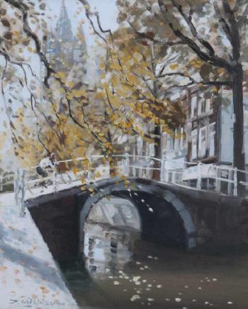 A canal in Delft with a view of the Old Church by 
																			Daniel Muehlhaus