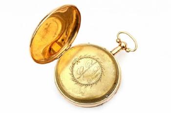An yellow gold pocket watch with concealed erotic scene in the back of the inner case.  by 
																			Jean-Antoine Lepine