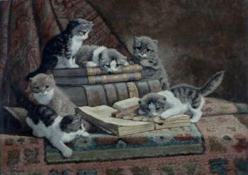 Playful kittens by some books by 
																			Cornelis Raaphorst