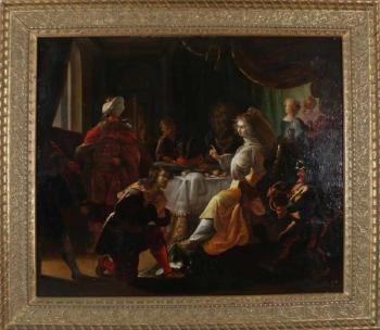 Haman begs Esther for his life (Esther 7:7-9) by 
																			L van Haester