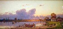 Barque au bord de l'étang au soleil couchant by 
																	Alexander Swieszewski