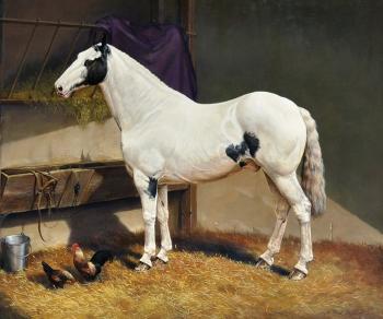 Patchies English Cob A Stable Interior with a Horse and Chickens by 
																			Andrzej Novakzemplinski