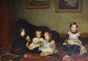 A Drawing Room Interior with Four Young Girls playing by 
																			Susan Isabel Dacre