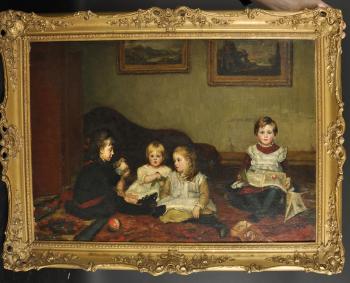 A Drawing Room Interior with Four Young Girls playing by 
																			Susan Isabel Dacre