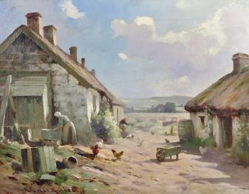 The Washing Day A Lady Standing by a Cottage with Chickens by 
																			Robert Russell MacNee