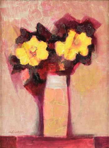 Two Yellow Flowers Against Gold Vase by 
																			David Adickes