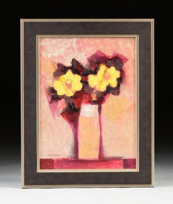 Two Yellow Flowers Against Gold Vase by 
																			David Adickes
