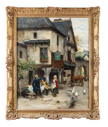 Inn with two figures drinking outside, talking to a serving girl, two horses being led off by 
																			Pierre Outin
