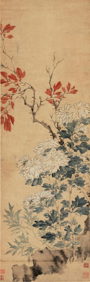 White Chrysanthemums And Red Leaves by 
																	 Jiang Jie