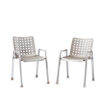 Two Landi stacking chairs by 
																			 P W Blattman