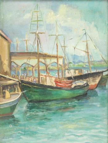 Coastal scene with ships at port by 
																			Nicholas J Luisi