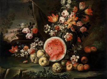 Still Life With Fruit and Flowers in a Landscape by 
																	Michele Antonio Rapous