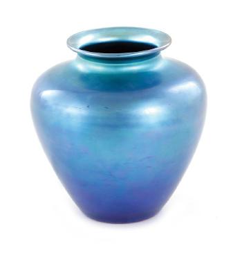 Iridescent blue glass vessel by 
																			Steuben  Aurene