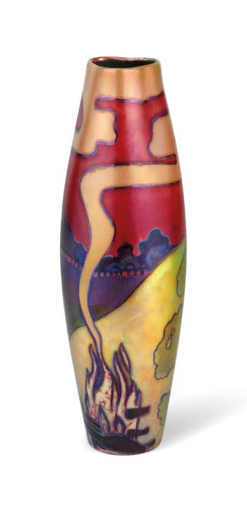 An Art Nouveau Ceramic Landscape Vase by 
																	 Zsolnay Porcelain Manufacture