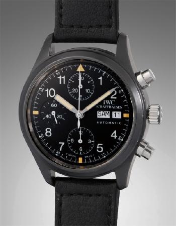A Very Rare And Historically Interesting Ceramic And Stainless Steel Chronograph Wristwatch With Day And Date - Property From The Family Of Günter Blümlein by 
																			 IWC